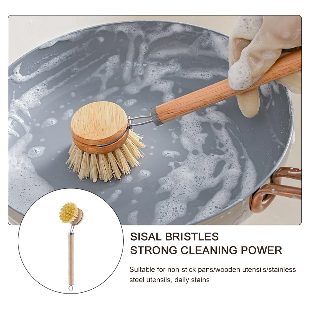 Brosse à vaisselle remplaçable, manche en bois, pour enlever les taches, les Pot, Portable, pour le nettoyage ménager, accessoires de cuisine