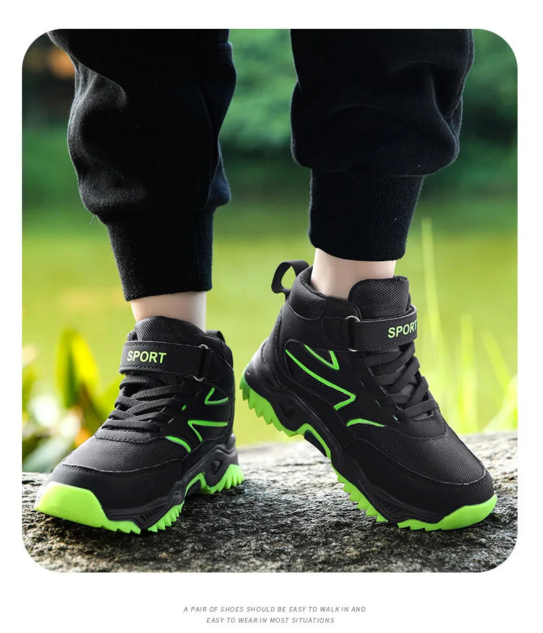Chaussures de sport antidérapantes en cuir pour enfants, baskets de course respirantes, noires, à la mode, de randonnée, taille 29-40, nouvelle collection