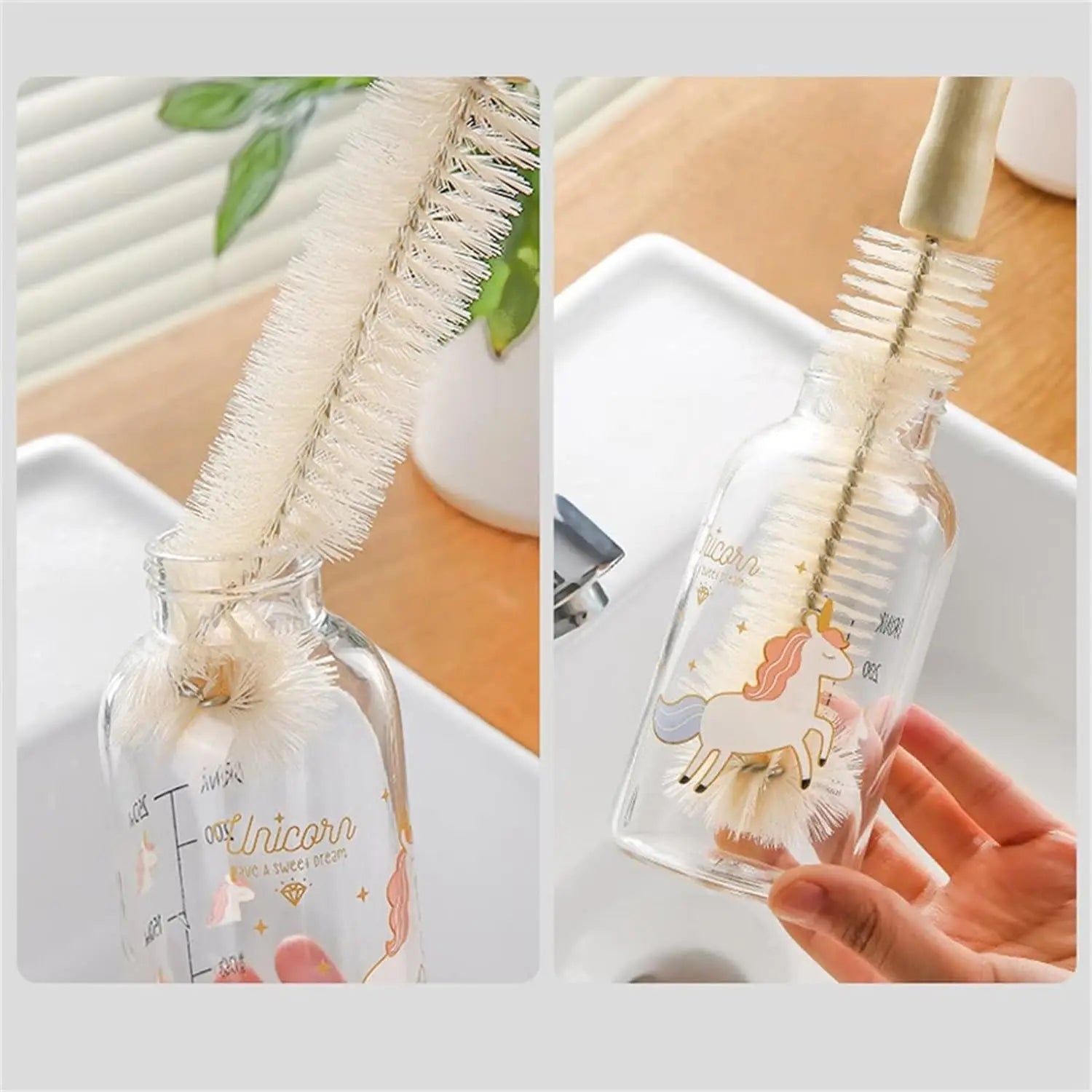 Nettoyeur de brosse de bouteille avec Long manche en bois, brosse de nettoyage de bouteille d'eau, poils naturels, brosse de bouteille de gommage de cuisine pour pichet de tasse