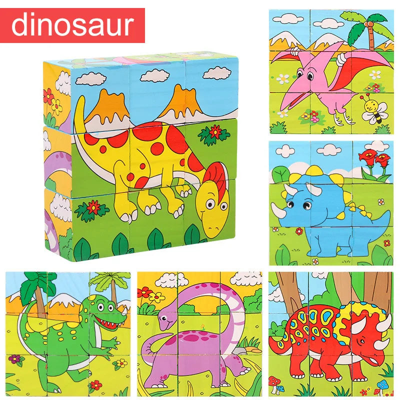 Puzzle en bois peint sur Six côtés, blocs de construction d'animaux de la circulation tridimensionnels, jouets d'éducation précoce Montessori TMZ