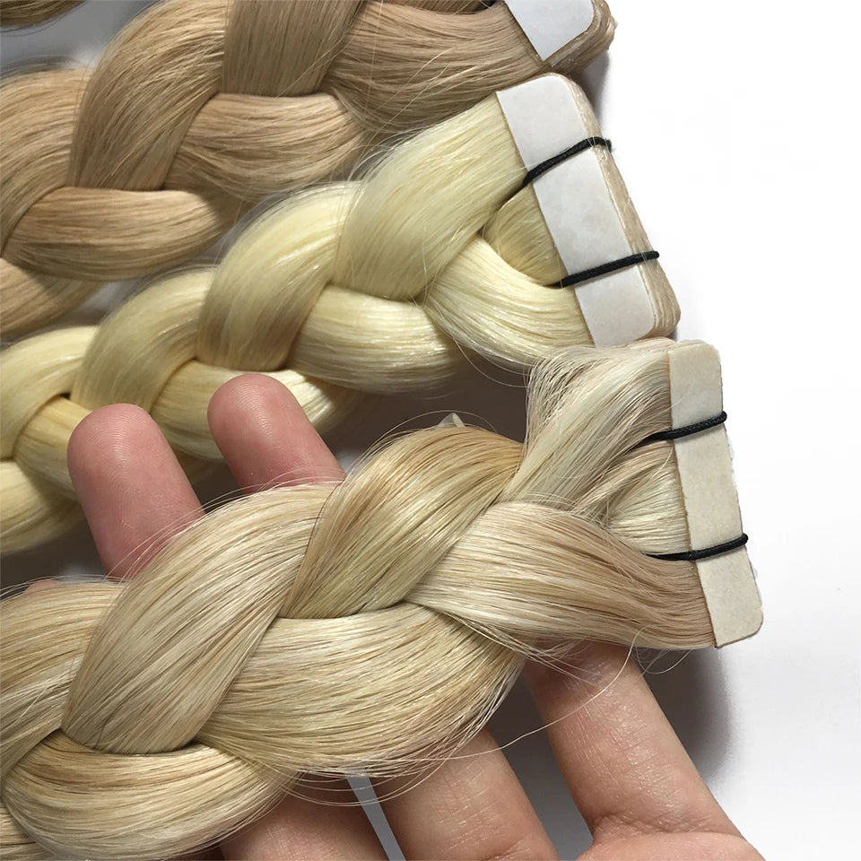 Bande dans les Extensions de cheveux humains droits Extensions adhésives de cheveux brésiliens trame de peau noir brun 100% vrais cheveux humains pour les femmes