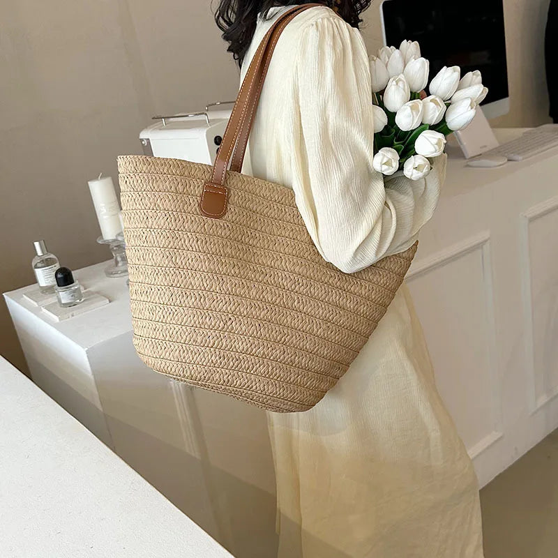 Sac à bandoulière de grande capacité pour femmes, panier tissé en paille d'été, sac à main de luxe de styliste, sac de plage, fourre-tout de shopping Bali