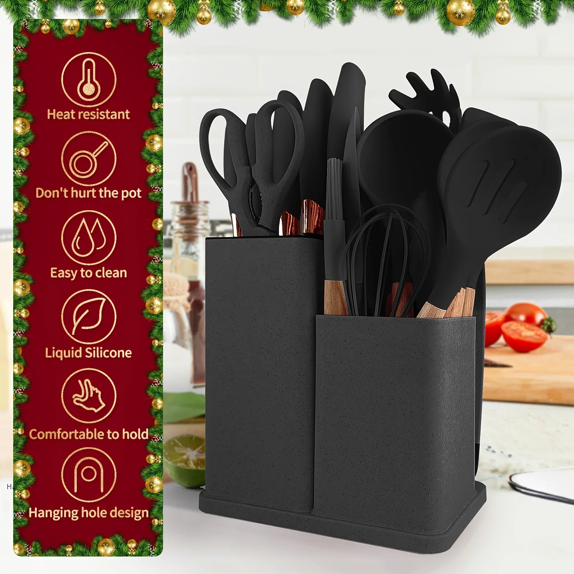 Ensemble d'ustensiles de cuisine antiadhésifs en Silicone, 19 pièces, avec couteaux, outils résistants à la chaleur dans un rangement en bambou, parfait pour la cuisine