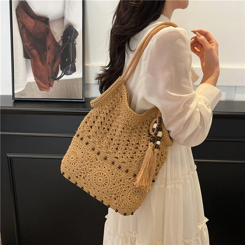 Sac à main tissé de grande capacité, sac à bandoulière ajouré, fourre-tout en Crochet, fourre-tout bohème tissé pour femmes, sacs de Shopping tricotés