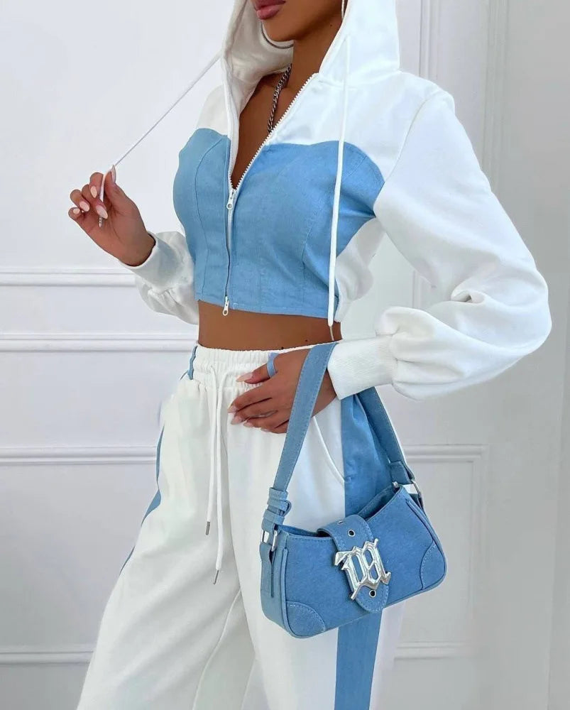 Ensemble 2 pièces en denim patchwork pour femmes, tenue décontractée, sweats à capuche minces, haut court, pantalon de survêtement à jambes larges, streetwear imbibé, survêtements à la mode