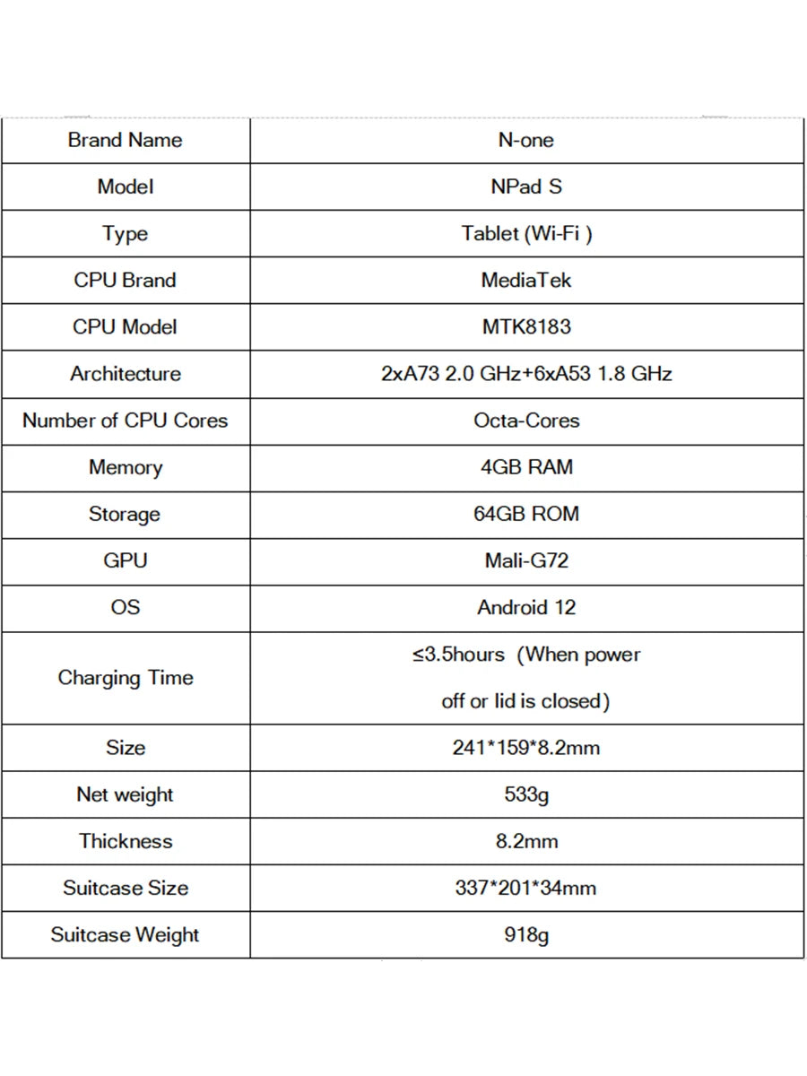 N-ONE NPad S 2023 10.1 pouces Tablette Pad 1280X800 HD 4GB 64GB Android 12 MTK8183 8-Cores 6600mAh Double WIFI BT5.0 Tablettes