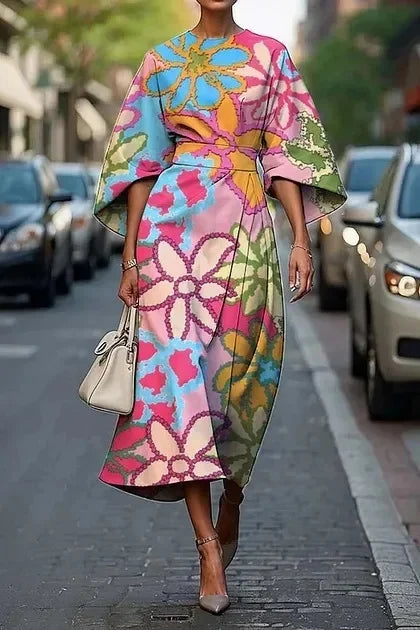 Elegant floral ocean dress for women, ankle-length, made of polyester fiber, independent station, cross-border, 2025
