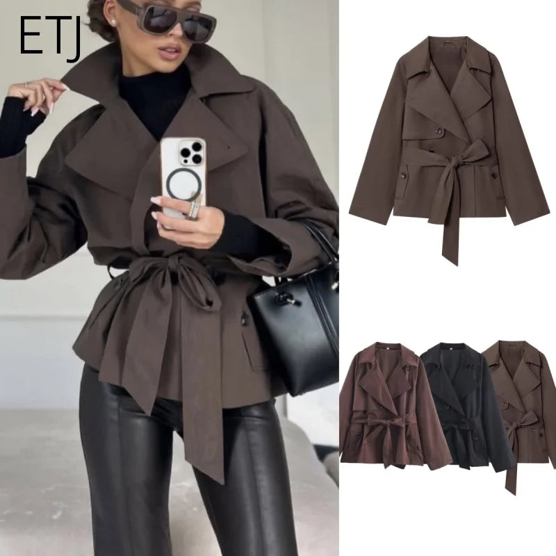ETJ Autumn 2025 New Collection Women's British Style Double-Breasted Lapel Mesh Colour Belted Casual Trench Coat