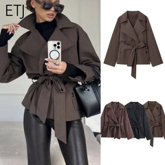 ETJ Autumn 2025 New Collection Women's British Style Double-Breasted Lapel Mesh Colour Belted Casual Trench Coat