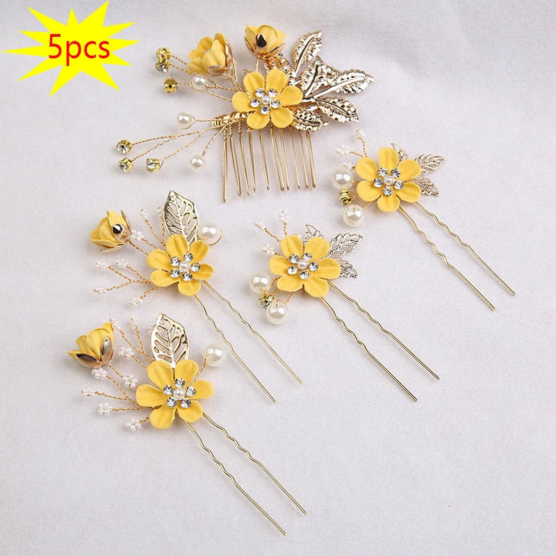 5 pièces/ensemble accessoires de cheveux de mariée pour femmes fleur perle casque diadème Barrette de mariage pince épingles à cheveux mariée peignes ornement