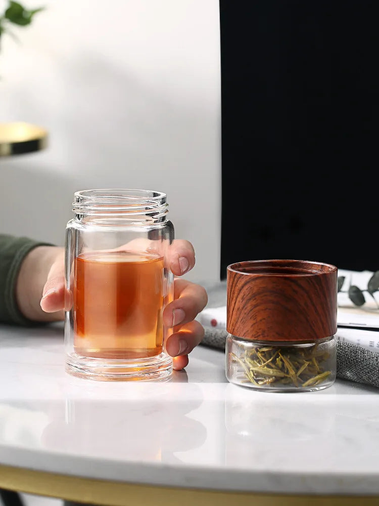 Bouteille d'eau en verre double de haute qualité avec étui, bouteille de clics de thé, infuseur, gobelet, verres, bouteille d'eau écologique