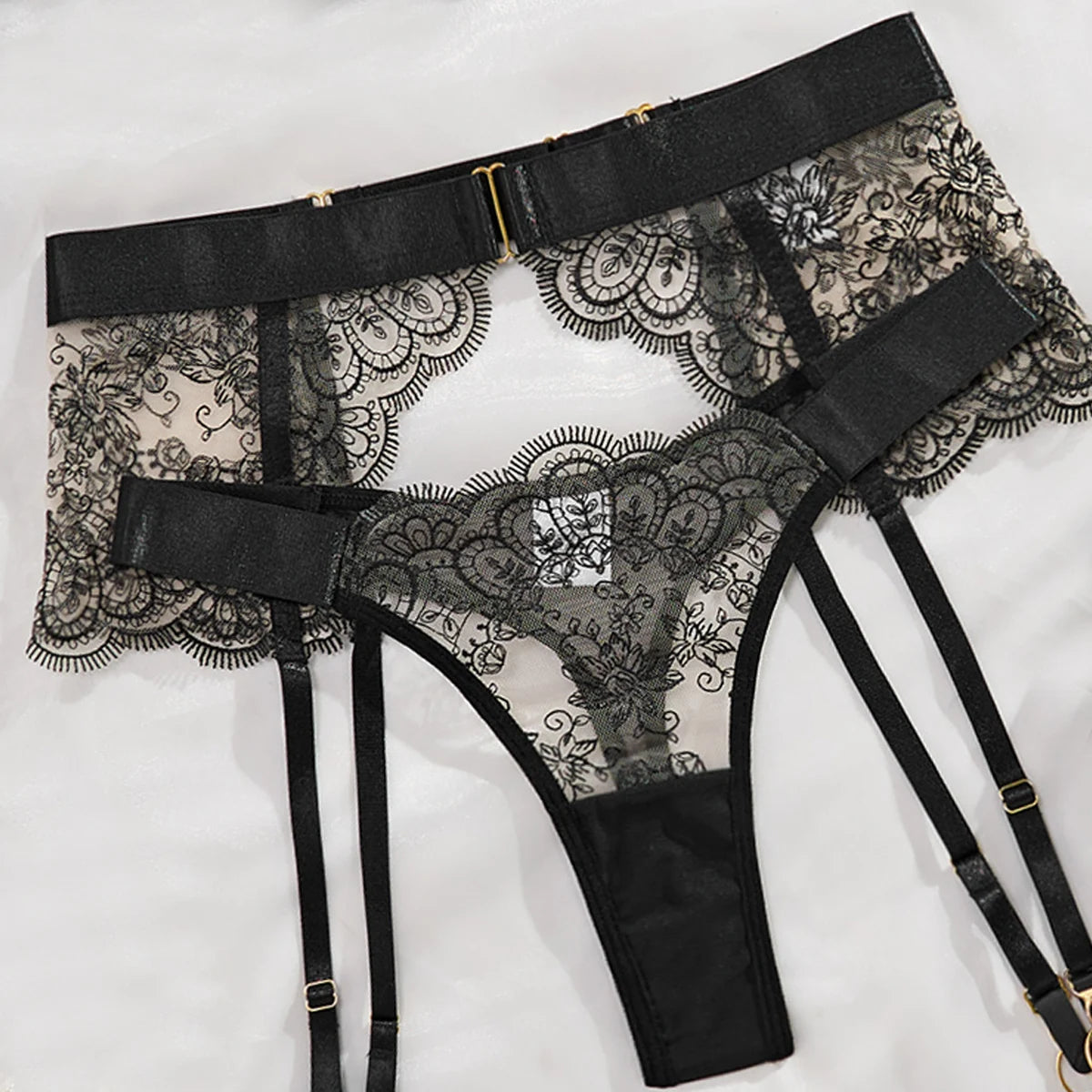 Nouveau ensemble érotique transparent brodé femmes Lingeries Sexy cils dentelle corps façonnage Lingerie quatre pièces ensemble Sexy chaud