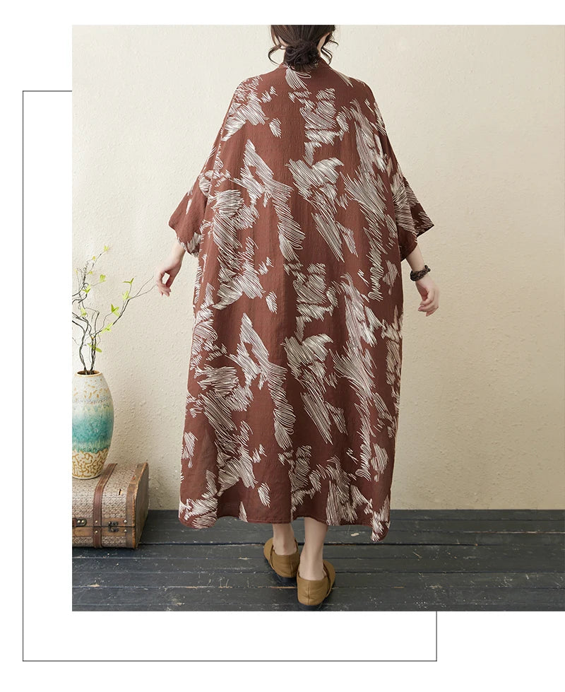 Summer commute. Cotton linen print loose long dress with high neck A-line skirt. Seven long dresses available in plus sizes.