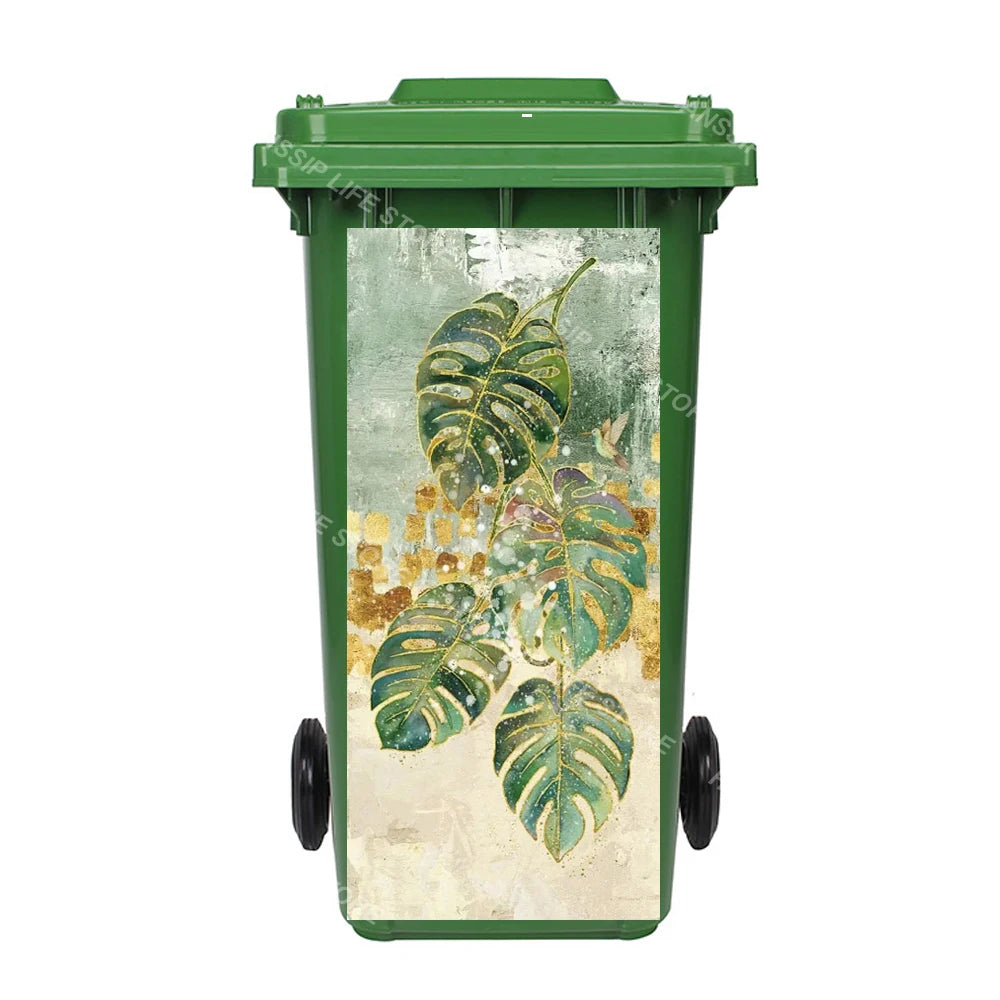 Autocollant imperméable en PVC pour poubelle d'extérieur, plantes tropicales, art mural, autocollants pour poubelle, pingouin et cuir chevelu