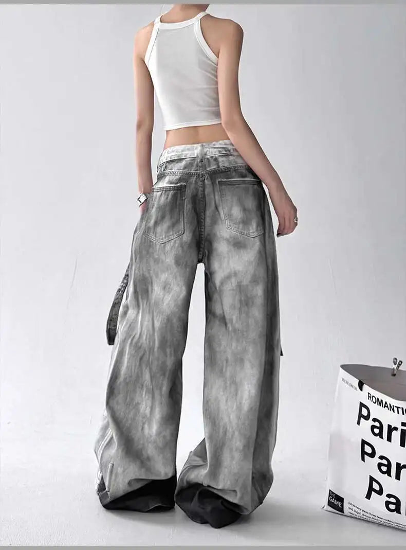 Femmes jean pantalon américain haute rue déchiré droit jambe large jean pour femmes conception cravate-teinture Jazz danse Cargo pleine mince jean