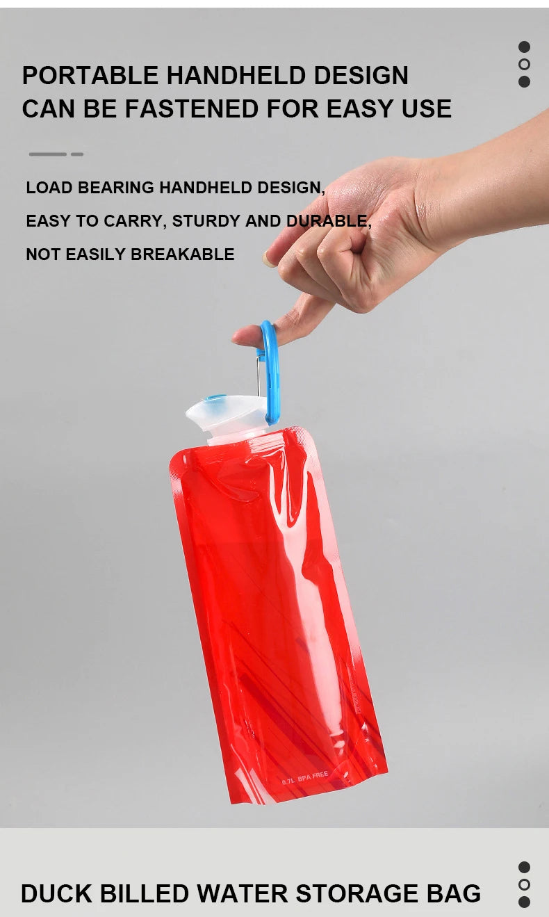 Bouteilles d'eau pliables, bouteille d'eau de voyage Flexible et réutilisable, pochette d'eau en plastique, flacon souple, sac d'eau avec mousqueton