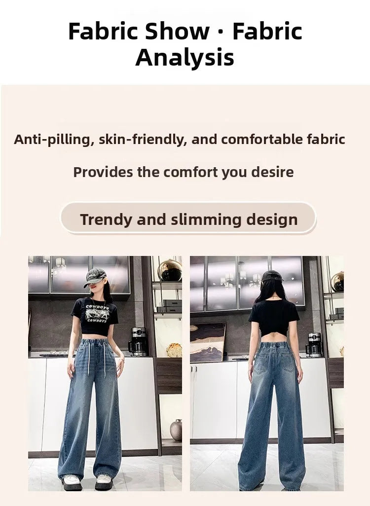 Jean ample à jambes larges, taille haute, bleu clair, grande taille, taille élastique, pantalon Dstring, pantalon Long amincissant