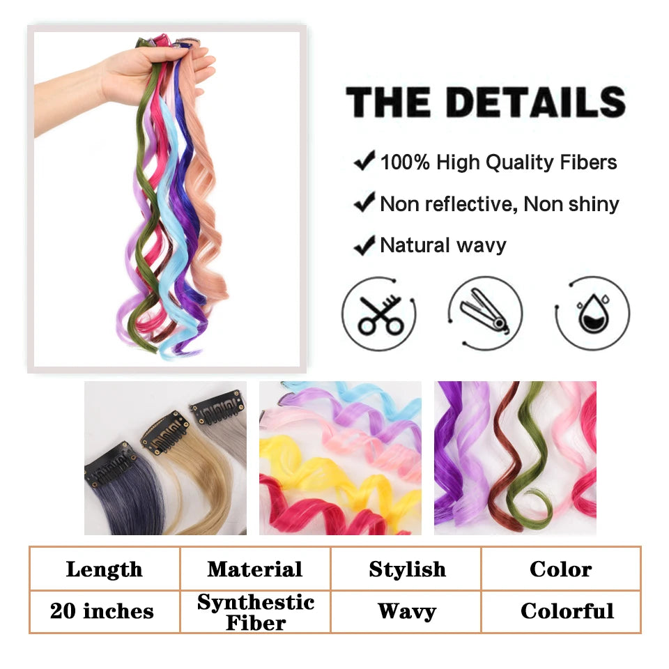 Colorful curly synthetic hair extensions for girls, long clip-in hairpiece, multicolored party strands, wig piece, for women and children