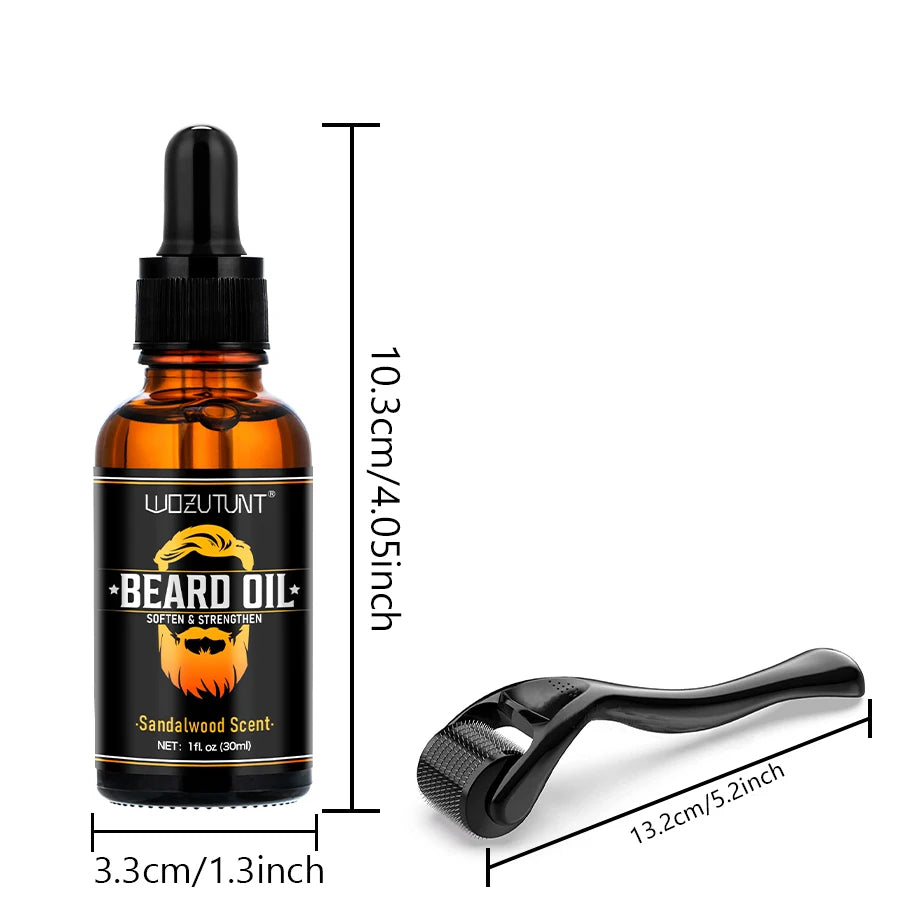 Natural shea butter beard conditioning oil, softens and strengthens the beard, sandalwood scent, 30ml, and gentle roller for men, facial hair massage