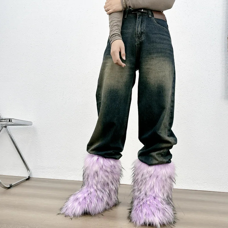 Bottes de neige mi-mollet en fourrure pour femmes et filles, chaussures en peluche chaudes, plate-forme extérieure, document solide, mignon, hiver, Y2K, 2023