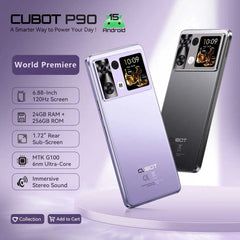 Smartphone Android 15 Cubot P90, écran 6,88 pouces 120 Hz, 24 Go  RAM (12 + 12 Go étendus), 256 Go ROM, processeur G100 Octa-core 2,2 GHz, appareil photo 64 MP, 5100 mAh, NFC, double haut-parleur, telephone portable 4G