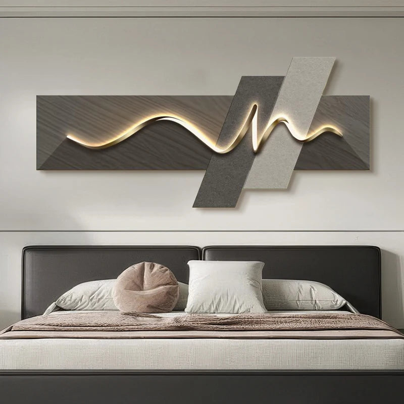 Chambre principale salon géométrique bureau décor peinture avec lumières luxe canapé TV fond mur suspendu photo chambre lits