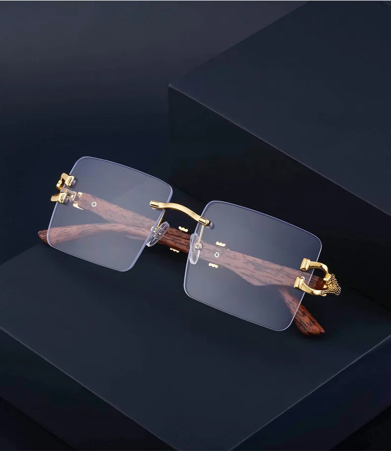 Frameless square wooden sunglasses for men and women, vintage, fashionable, luxury, retro, 2023