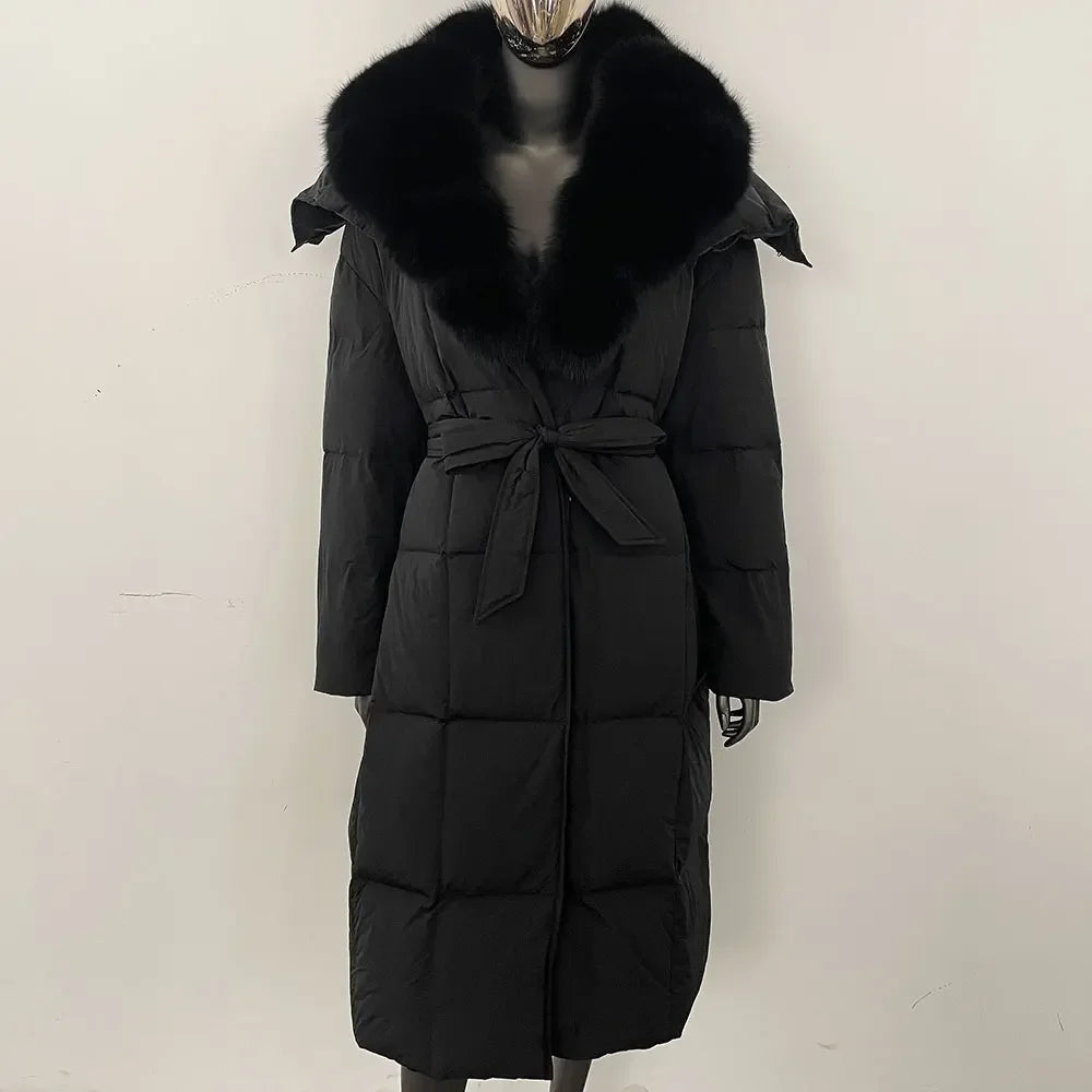 Veste d'hiver chaude et élégante pour femme, avec ceinture à capuche, simple boutonnage, col en vraie fourrure de renard, manteau épais et ample en duvet de canard blanc
