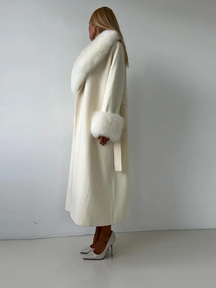 Manteau Long à lacets pour femme, manteau de bureau élégant en laine, fourrure, Patchwork, manches longues, vestes Cardigan amples, nouvelle collection 2025