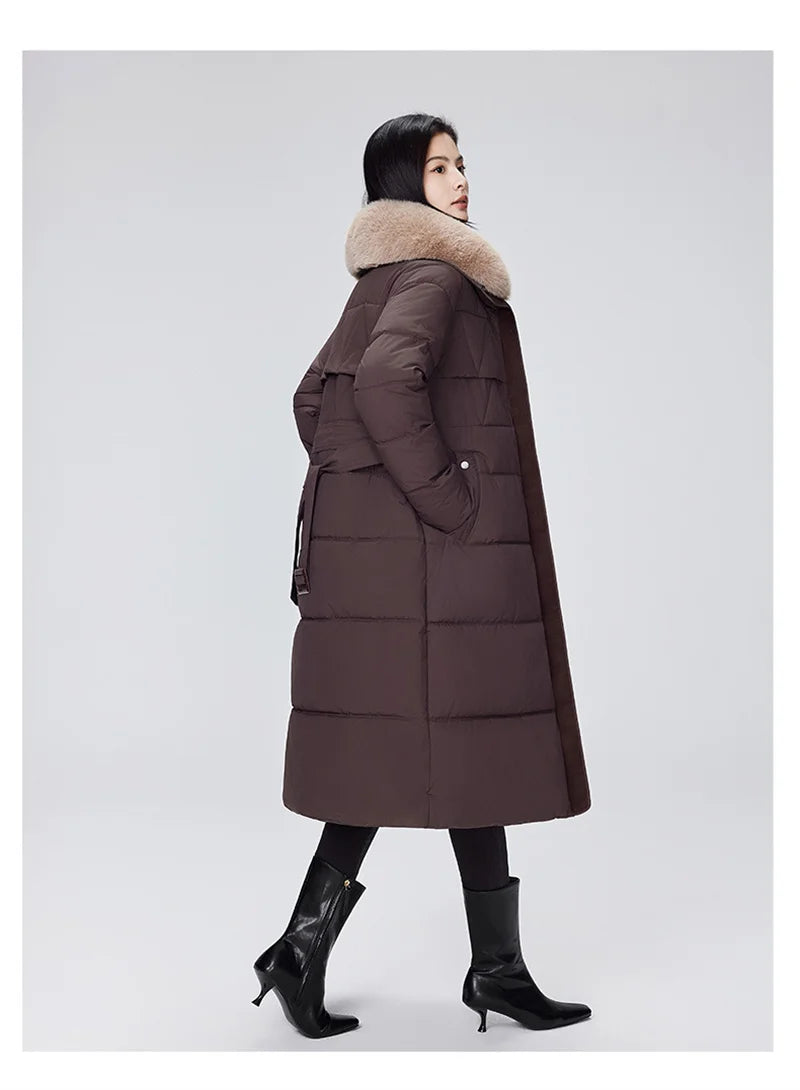 Parka d'hiver à col en fourrure pour femme, veste x-longue rembourrée en coton, manteau épais et chaud, Streetwear avec ceintures, vêtements d'extérieur Slim, à la mode, 2025