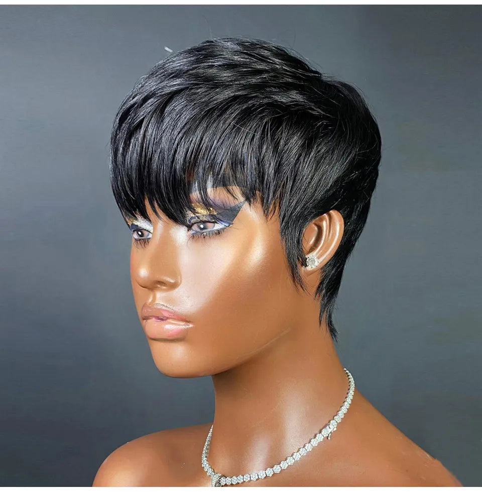 Short wigs for women, human hair wigs, pixie cut, machine-made real human hair wigs, pixie wigs, short haircuts, straight wigs