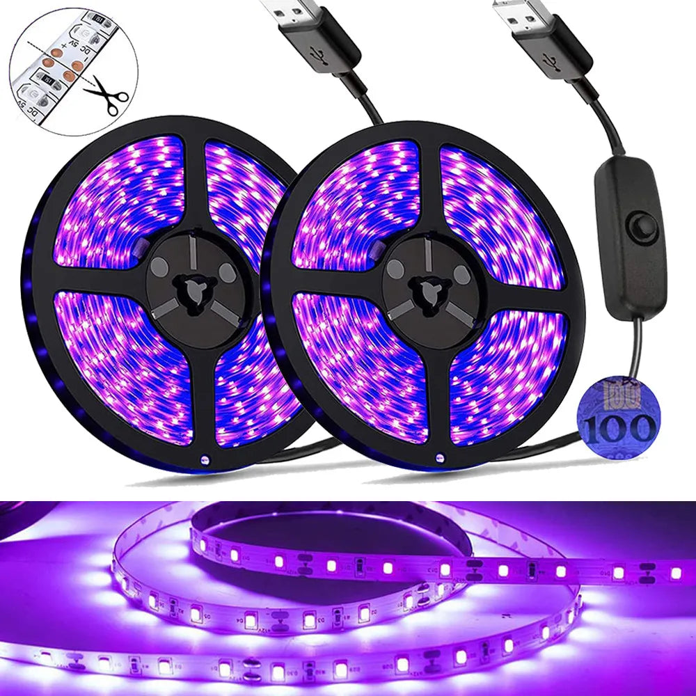 Bande lumineuse UV Led 5V UVA, 395-405nm, SMD2835, rayons ultraviolets, ruban de Diode violet, lampe USB avec interrupteur 60LED s/m