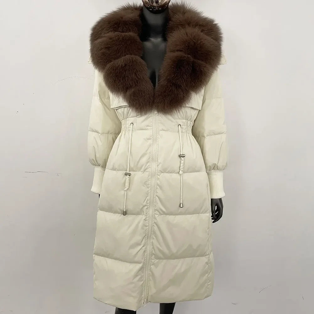 Doudoune longue avec col en fourrure pour femme, pardessus en fourrure de renard, longueur aux genoux, à la mode, chaude, cintrée à la taille, vêtements d'extérieur amincissants