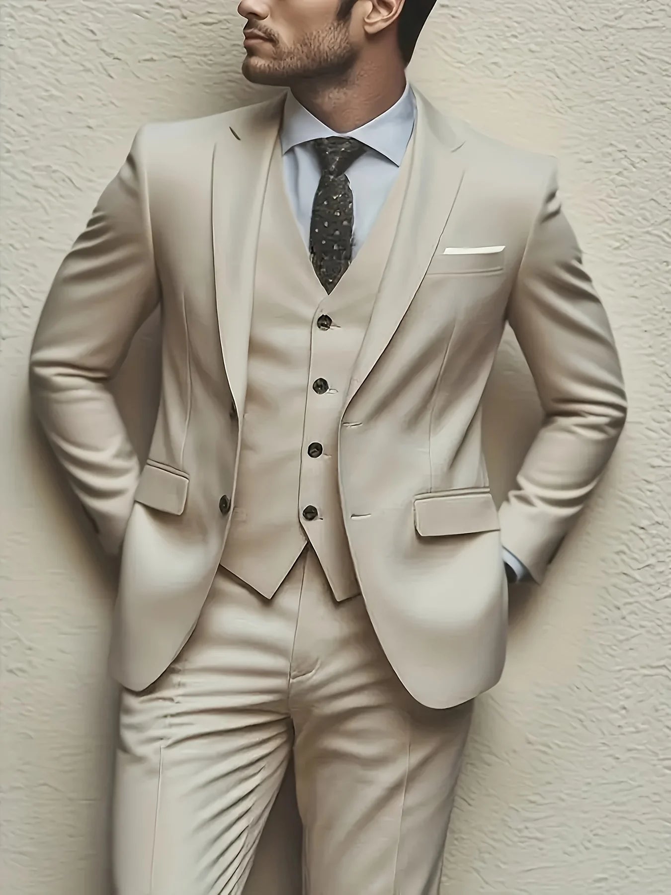 Men's 3-piece suit set, jacket + vest + trousers, fashionable and high quality, suitable for weddings, parties and formal occasions.