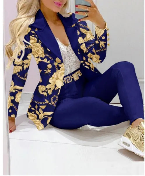 Women's Casual Striped Printed Suit, Office Lady Coat and Pant Set, Elegant Fashion Long Sleeve Top, Trousers, Two Piece Set, Female Outfit, 2023