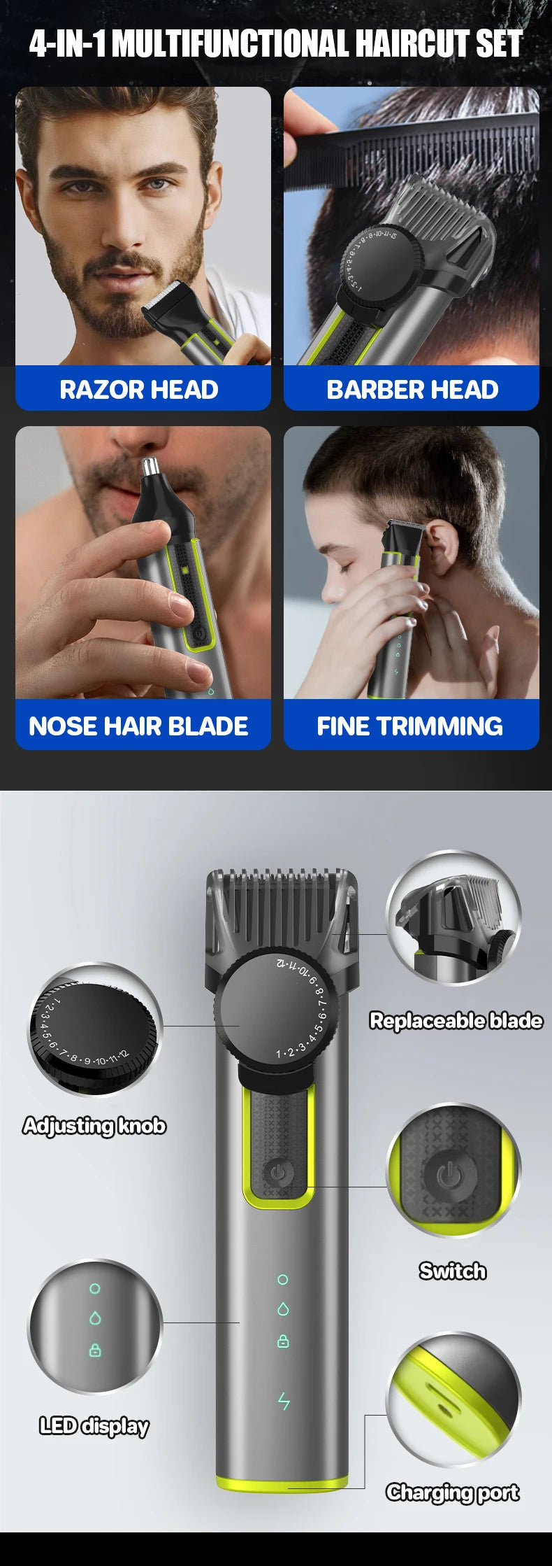 Tondeuse à barbe électrique sans fil pour hommes, tondeuse à cheveux réglable, kit de barbiers professionnels étanches, tondeuses à moustache pour hommes