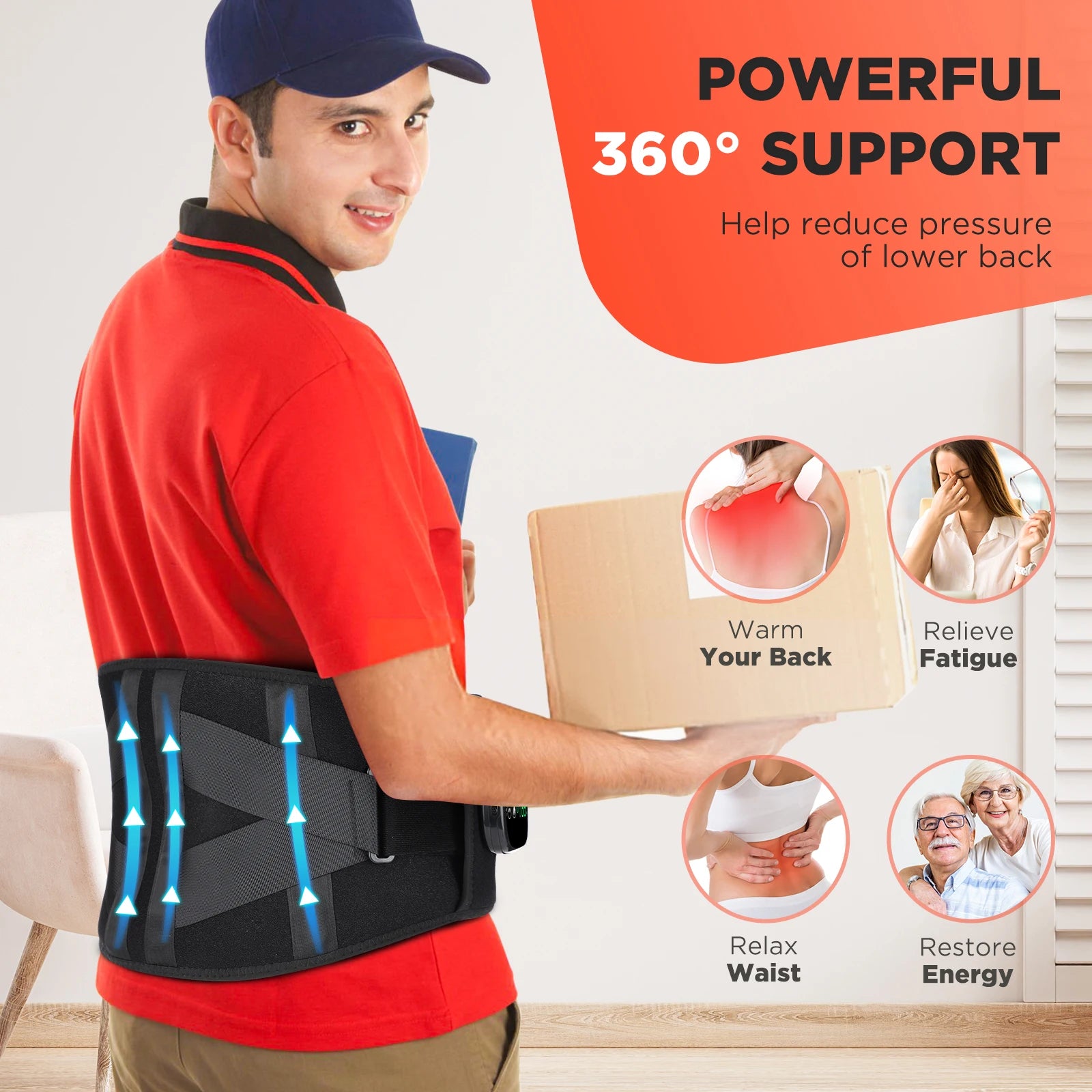 Electric heated waist massager, vibration-powered hot compression massage belt, lumbar decompression brace, lower back support, muscle relaxation