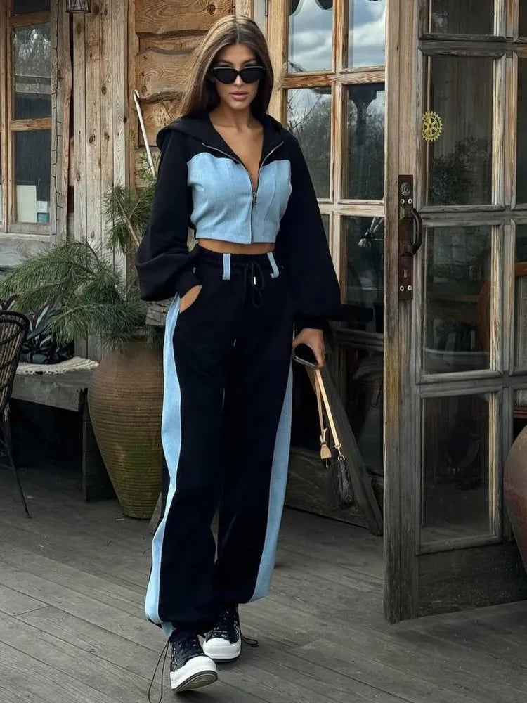Mode Patchwork Denim 2 pièces ensembles femmes tenue mince sweats à capuche haut court jambe large pantalons de survêtement costume Streetwear survêtements de sport