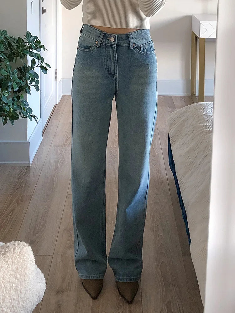 Jean bleu femmes taille haute 2025 ample décontracté petit ami jean Long pour le travail dames Simple jambe droite Denim pantalon pour les femmes