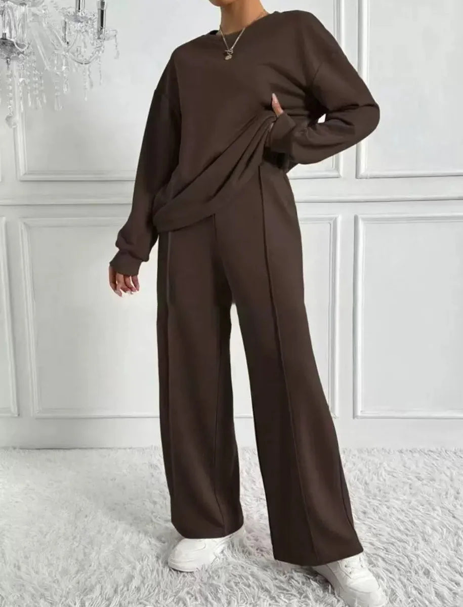 Ensemble deux pièces pour femmes, décontracté, col rond, manches longues, sweat-shirt, pantalon à jambes larges, costumes automne hiver, mode dames, tenue de bureau
