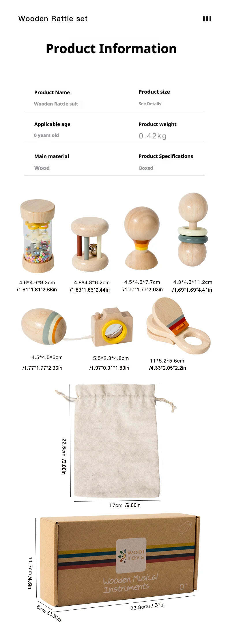 Ensemble de jouets en bois pour nourrissons et tout-petits, jouets d'écoute et de préhension, hochets, barils de pluie, hochets, cadeaux de vacances pour bébé, 7 pièces