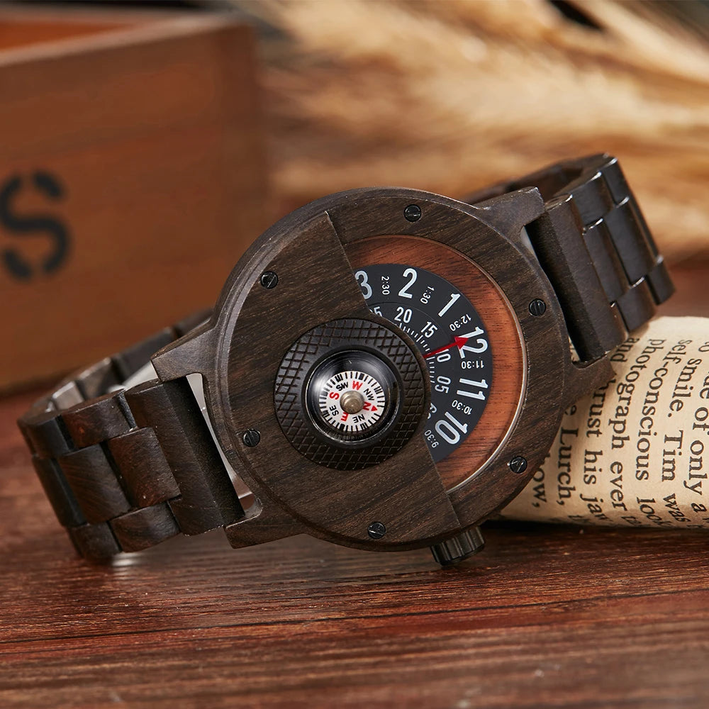 Montre en bois naturel pour hommes, Table rotative, cadran boussole, véritable bois de noyer, ébène, bambou, Concept marron, montre à Quartz