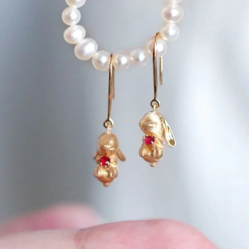 Ensemble de bijoux lapin mignon, boucles d'oreilles artisanales en or ancien mat pour femmes, bague, collier, cadeaux pour petite amie, nouveauté