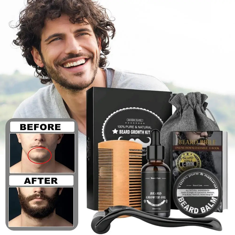 Kit de Croissance de Barbe pour Homme, Rehausseur de Cheveux, Huile Essentielle, Soin de la Barbe, Après-Shampoing, Peigne Double Face, Crème, 5 Pièces