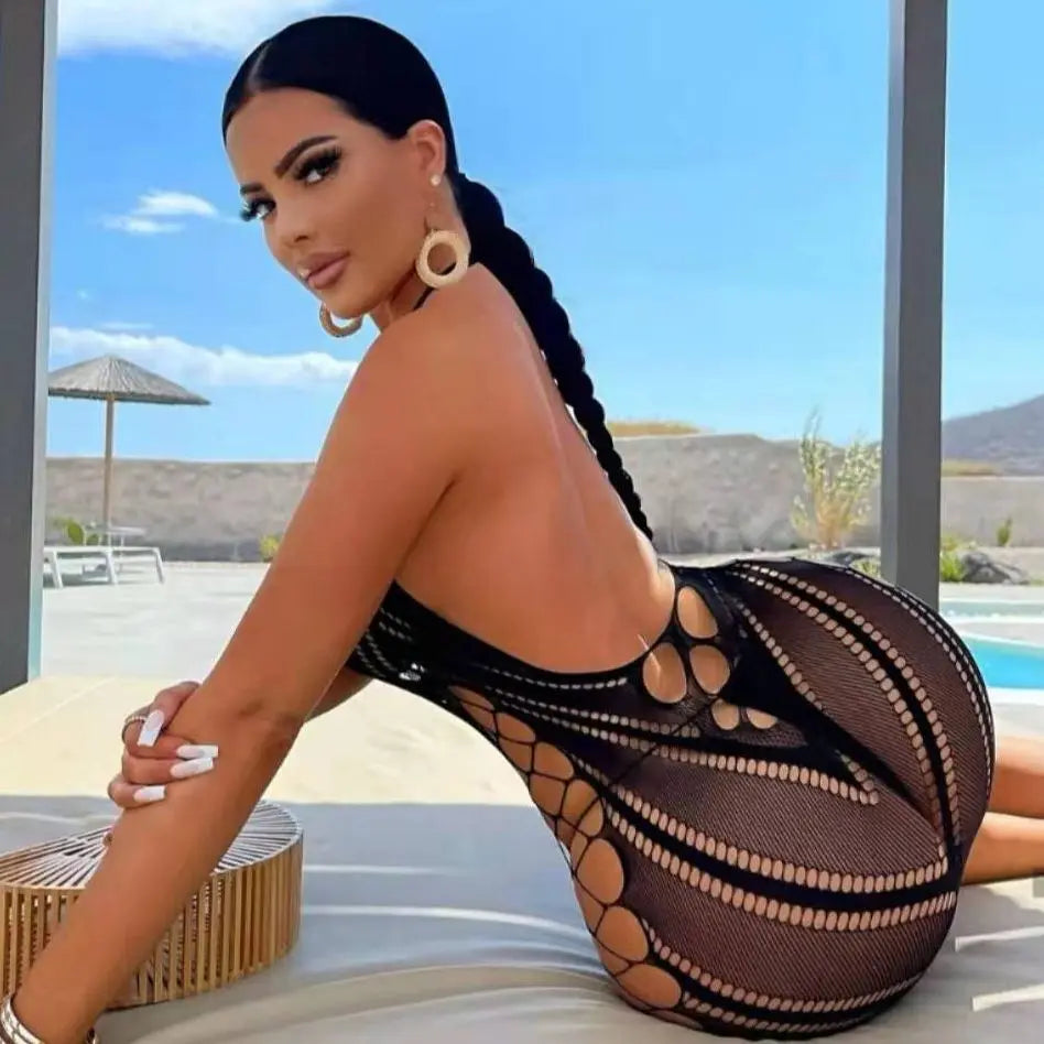 Sexy femmes résille licou robe dos nu coupe basse serré crayon robe mignonne grande taille Mini robe boîte de nuit robe de danse Beatchwear