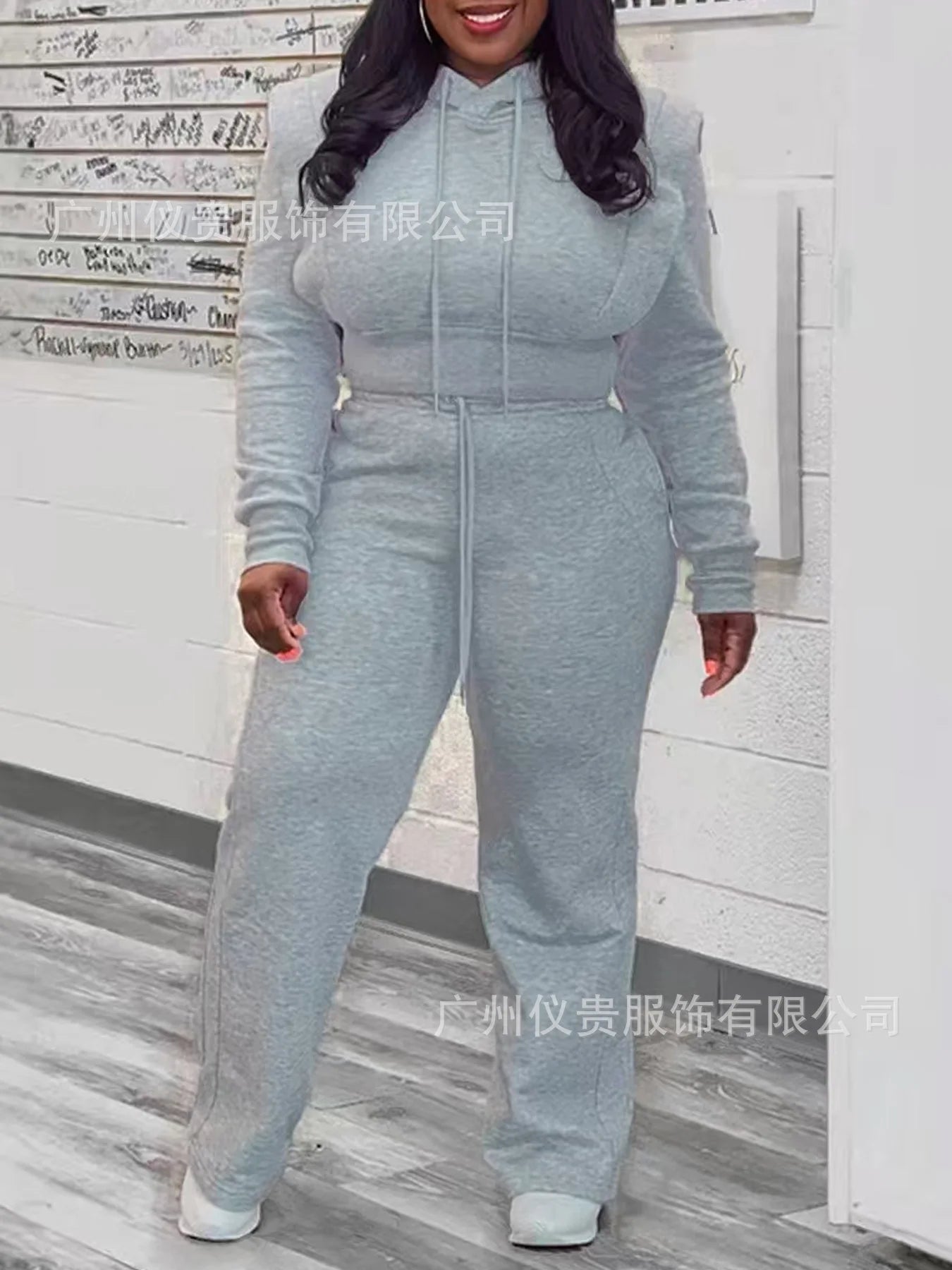 Ensemble deux pièces à la mode pour femmes, grande taille, sweat à capuche de couleur Pure, pantalon à jambes droites, avec cordon de serrage, tenue décontractée de Style de rue