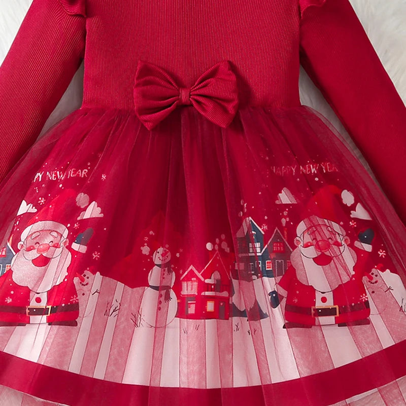 Robe de noël pour filles, tenue de princesse en Tulle à manches longues, imprimé père noël, robe de soirée pour enfants de 4 à 8 ans, automne hiver 2025