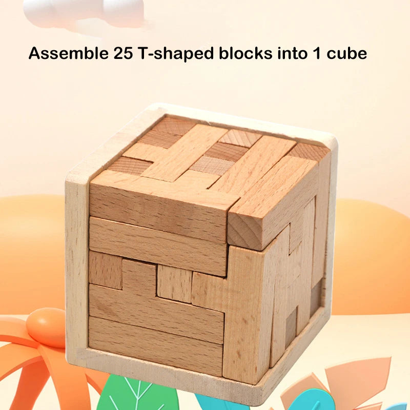 Puzzles 3D en bois avec 25 blocs en forme de T, jouets classiques Luban Lock Cube, jeu intellectuel pour enfants et adultes