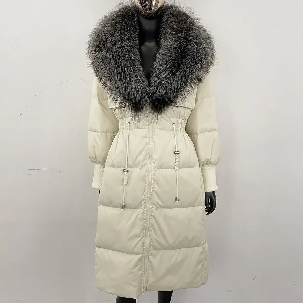 Doudoune longue avec col en fourrure pour femme, pardessus en fourrure de renard, longueur aux genoux, à la mode, chaude, cintrée à la taille, vêtements d'extérieur amincissants