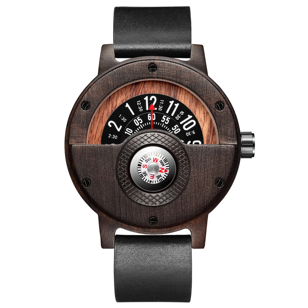 Montre en bois naturel pour hommes, Table rotative, cadran boussole, véritable bois de noyer, ébène, bambou, Concept marron, montre à Quartz